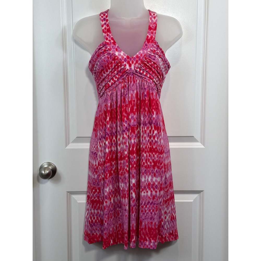 Calvin Klein Pink Purple Abstract Print Ruched V-Neck Sleeveless Dress 4 Small‎